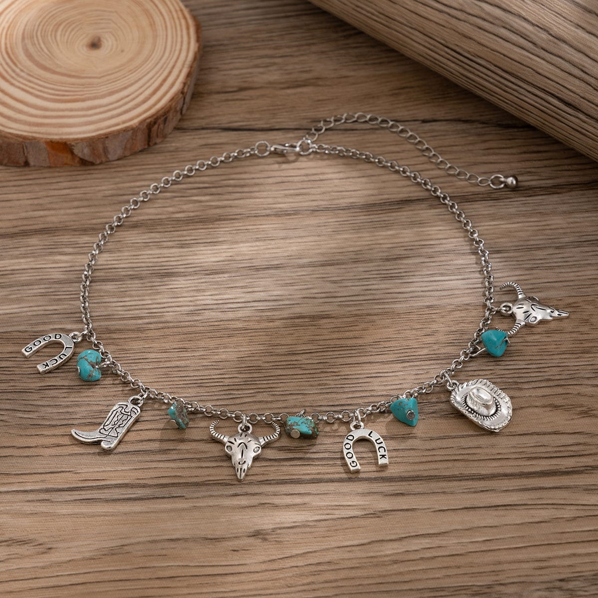 Boho Bull Boot Cowboy Hat Turquoise Charm Necklace