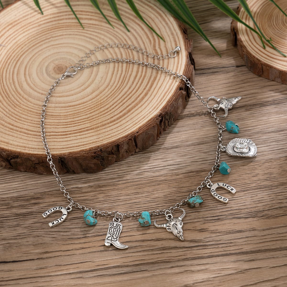 Boho Bull Boot Cowboy Hat Turquoise Charm Necklace