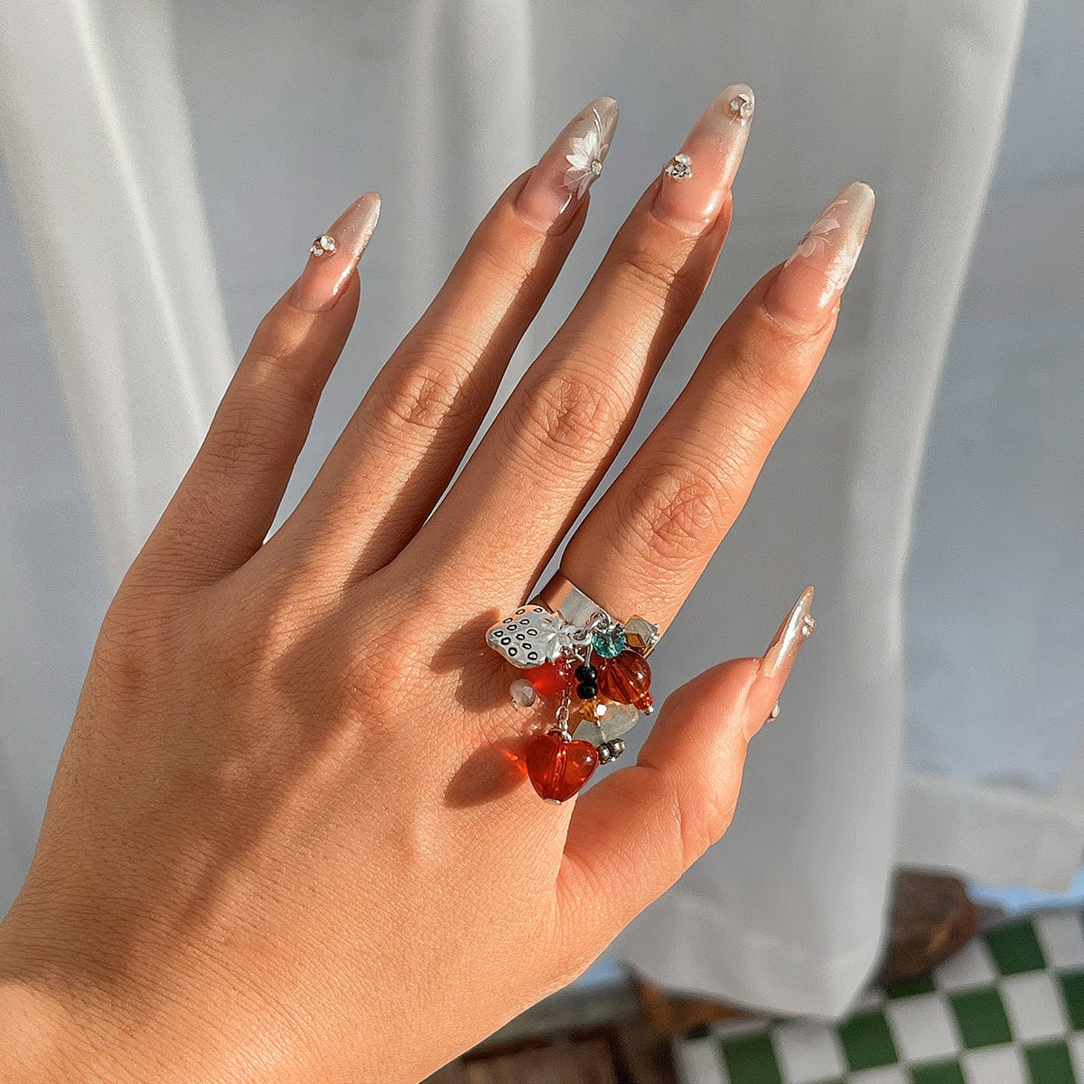 Boho Butterfly Strawberry Charm Crystal Beaded Tassel Ring