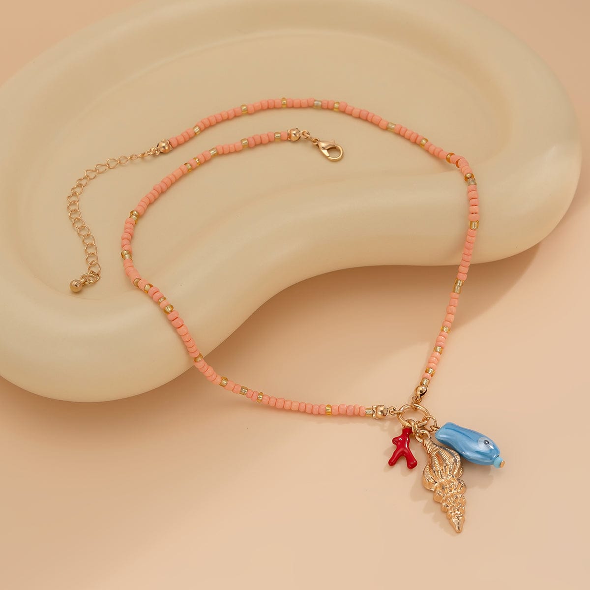 Boho Ceramics Fish Conch Pendant Seed Bead Necklace - ArtGalleryZen