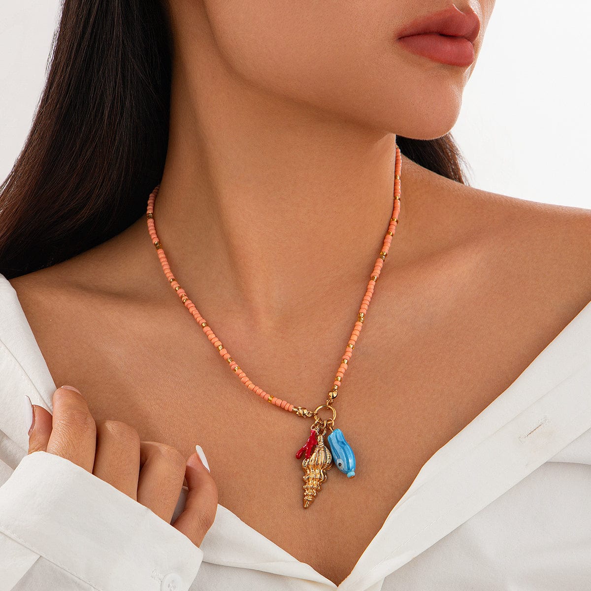 Boho Ceramics Fish Conch Pendant Seed Bead Necklace - ArtGalleryZen