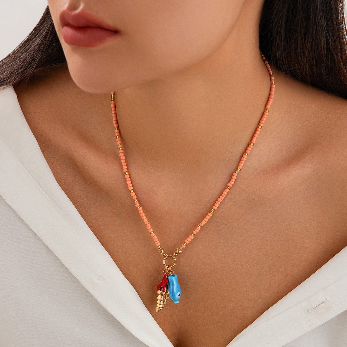 Boho Ceramics Fish Conch Pendant Seed Bead Necklace - ArtGalleryZen