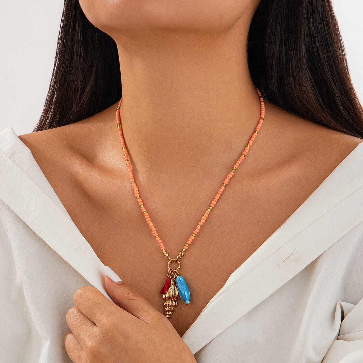 Boho Ceramics Fish Conch Pendant Seed Bead Necklace - ArtGalleryZen