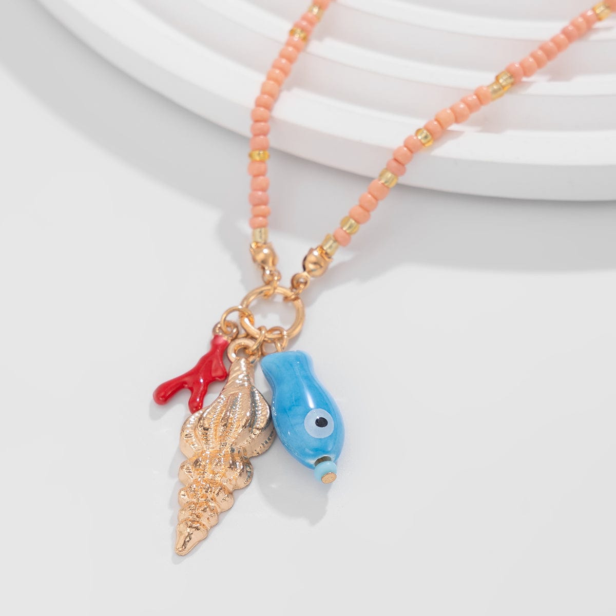 Boho Ceramics Fish Conch Pendant Seed Bead Necklace - ArtGalleryZen