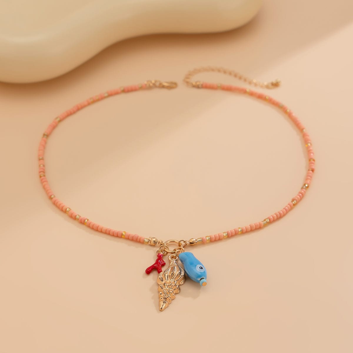 Boho Ceramics Fish Conch Pendant Seed Bead Necklace - ArtGalleryZen
