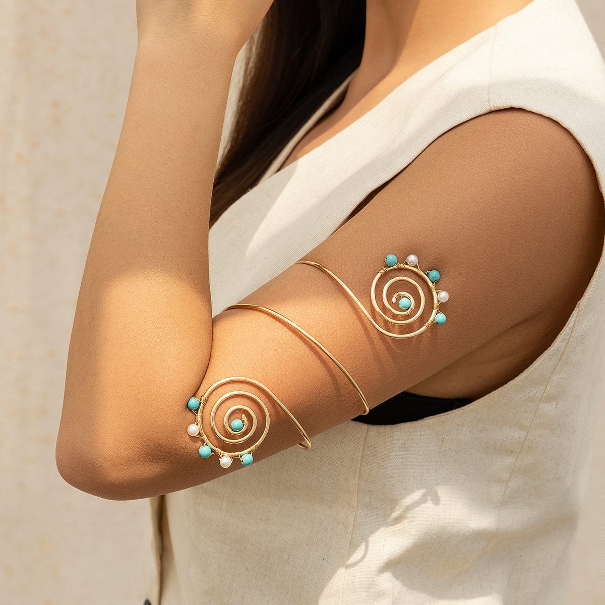 Boho Chic Pearl Turquoise Spiral Arm Cuff