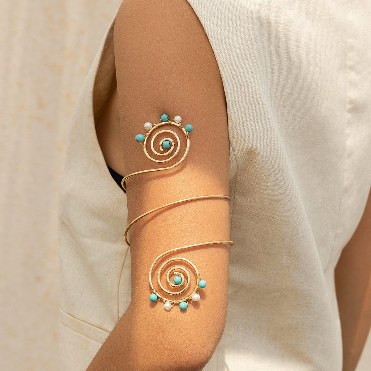 Boho Chic Pearl Turquoise Spiral Arm Cuff