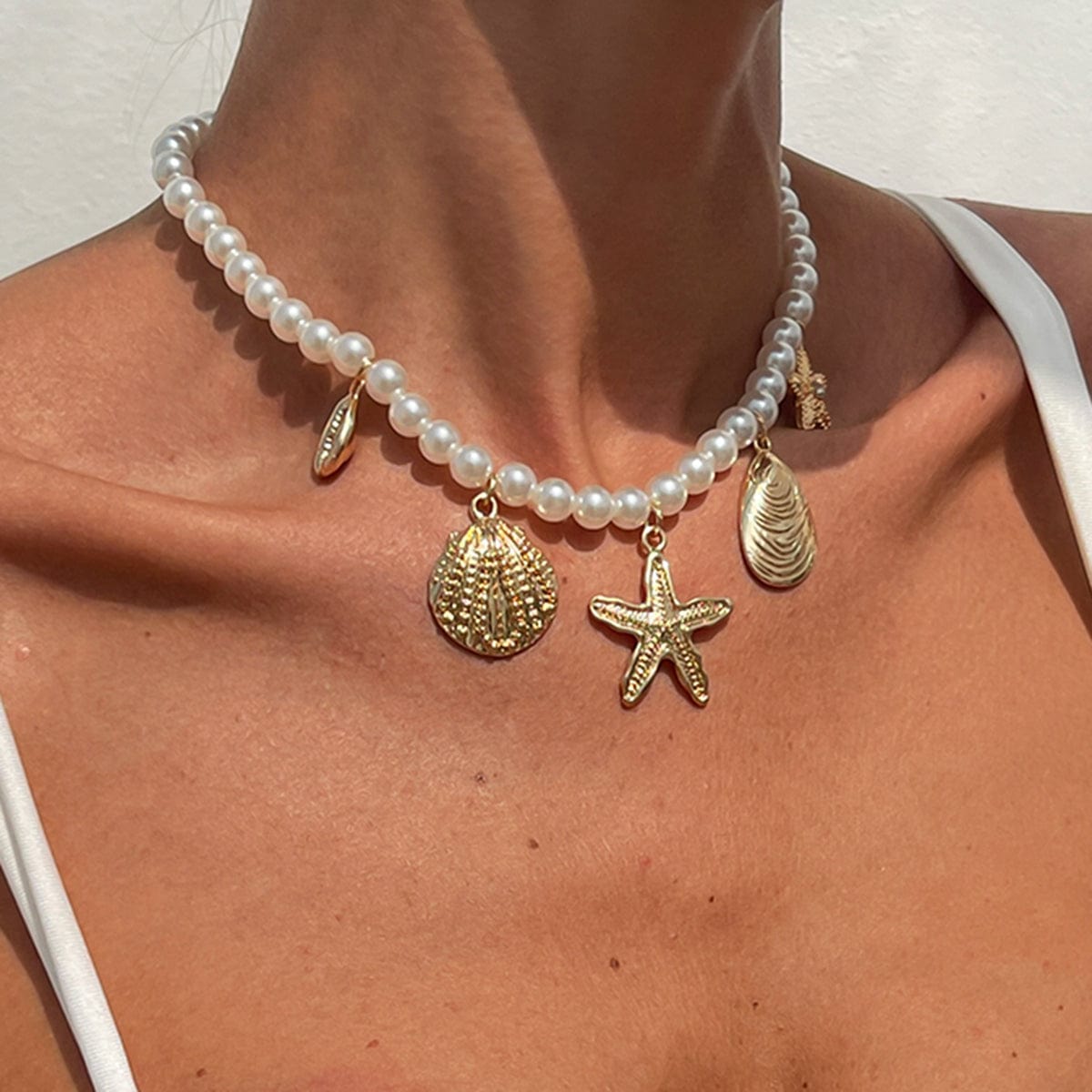 Boho Chunky Conch Shell Starfish Pendant Pearl Chain Necklace - ArtGalleryZen
