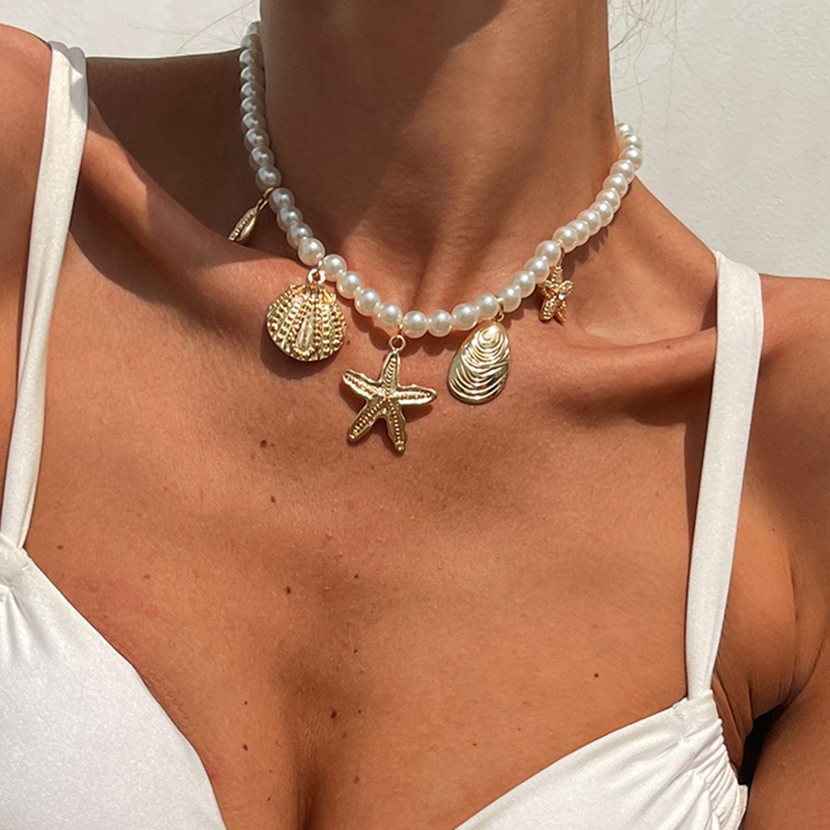 Boho Chunky Conch Shell Starfish Pendant Pearl Chain Necklace - ArtGalleryZen