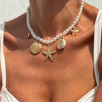 Thumbnail for Boho Chunky Conch Shell Starfish Pendant Pearl Chain Necklace - ArtGalleryZen