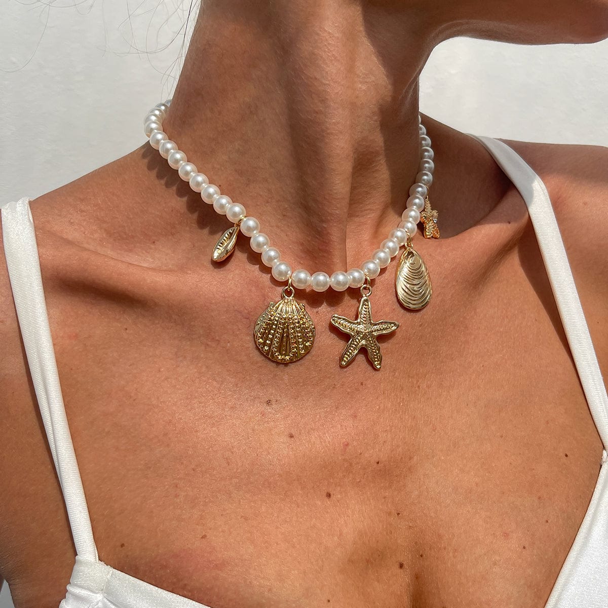 Boho Chunky Conch Shell Starfish Pendant Pearl Chain Necklace - ArtGalleryZen