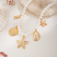 Thumbnail for Boho Chunky Conch Shell Starfish Pendant Pearl Chain Necklace - ArtGalleryZen