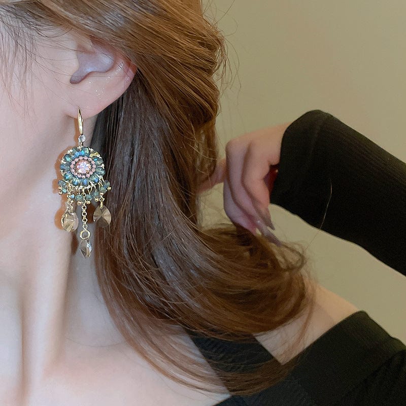 Boho Chunky CZ Rhinestone Inlaid Flower Crystal Tassel Earrings - ArtGalleryZen