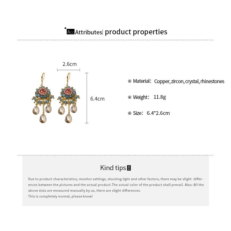 Boho Chunky CZ Rhinestone Inlaid Flower Crystal Tassel Earrings - ArtGalleryZen