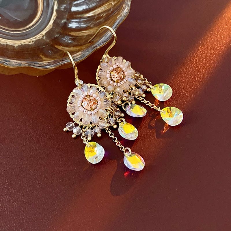 Boho Chunky CZ Rhinestone Inlaid Flower Crystal Tassel Earrings - ArtGalleryZen