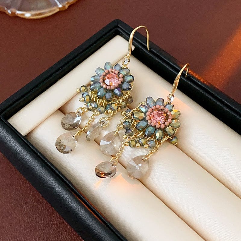 Boho Chunky CZ Rhinestone Inlaid Flower Crystal Tassel Earrings - ArtGalleryZen