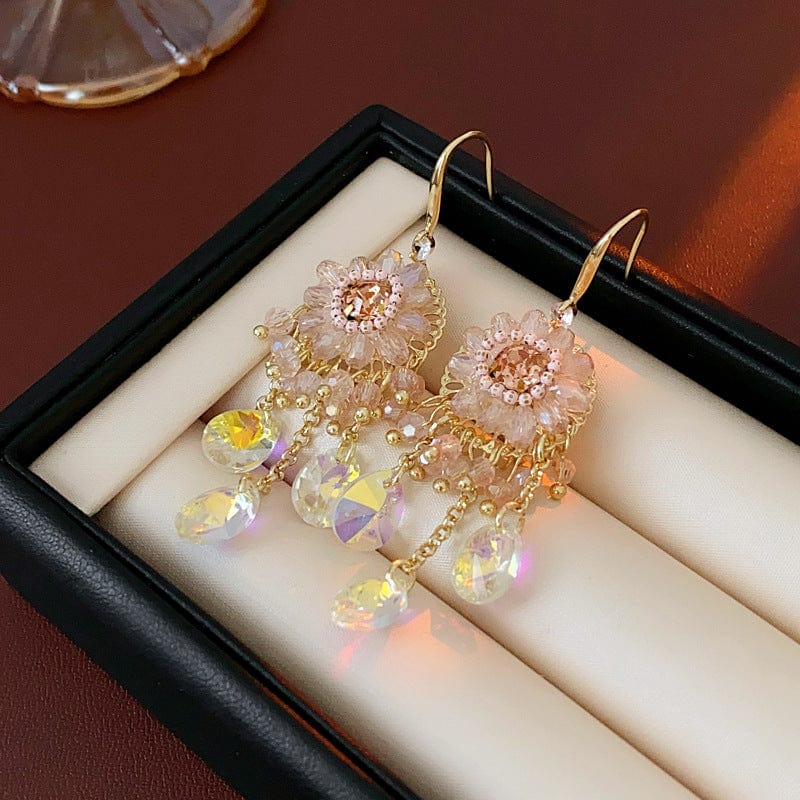 Boho Chunky CZ Rhinestone Inlaid Flower Crystal Tassel Earrings - ArtGalleryZen