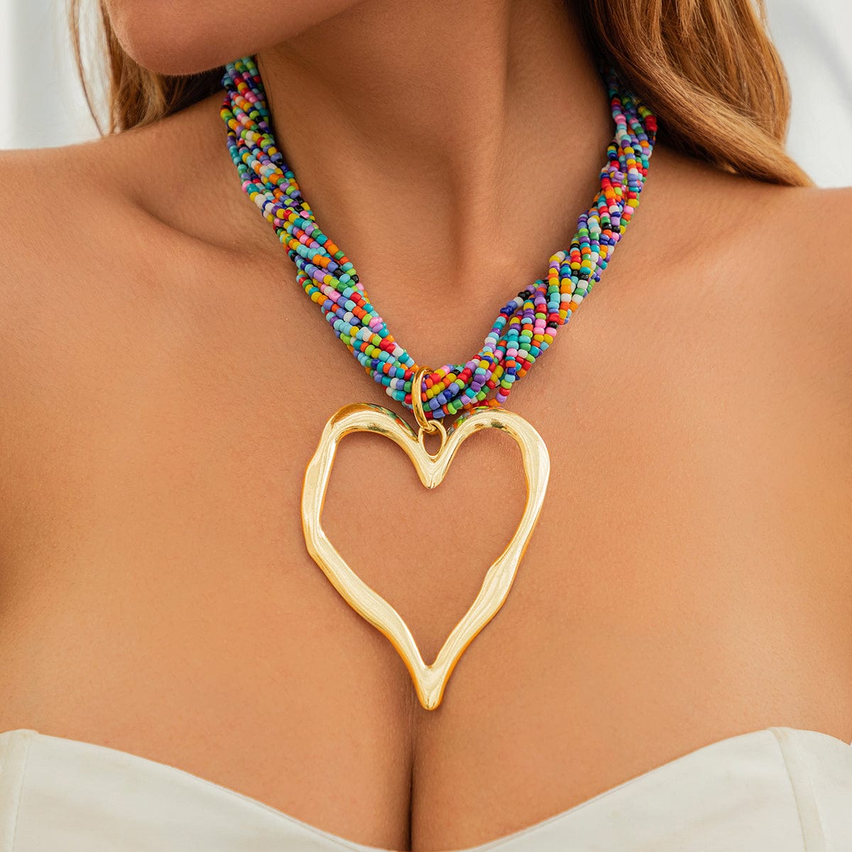 Boho Chunky Gold Plated Heart Pendant Beaded Chain Necklace