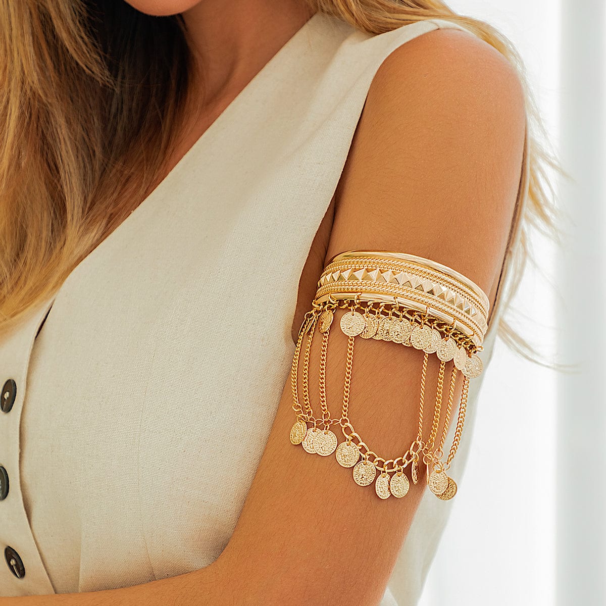 Boho Chunky Layered Coin Tassel Embossed Pattern Arm Cuff - ArtGalleryZen