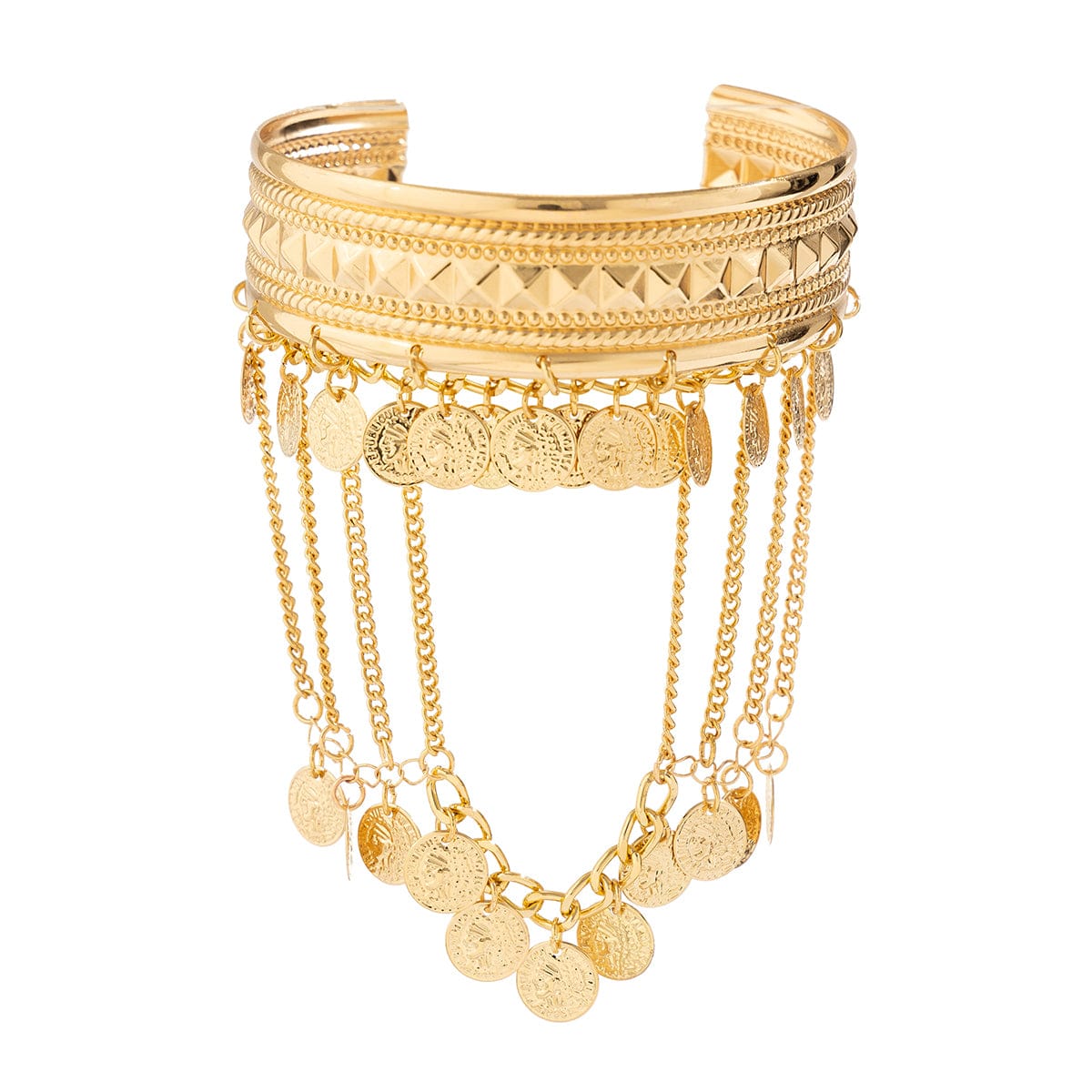 Boho Chunky Layered Coin Tassel Embossed Pattern Arm Cuff - ArtGalleryZen
