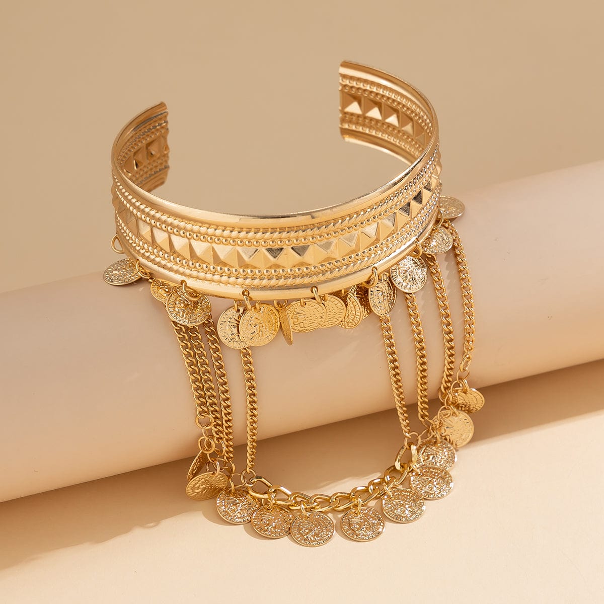 Boho Chunky Layered Coin Tassel Embossed Pattern Arm Cuff - ArtGalleryZen