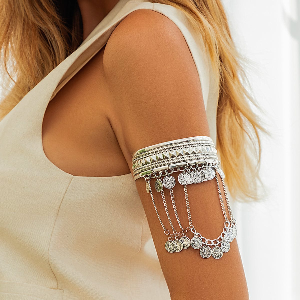 Boho Chunky Layered Coin Tassel Embossed Pattern Arm Cuff