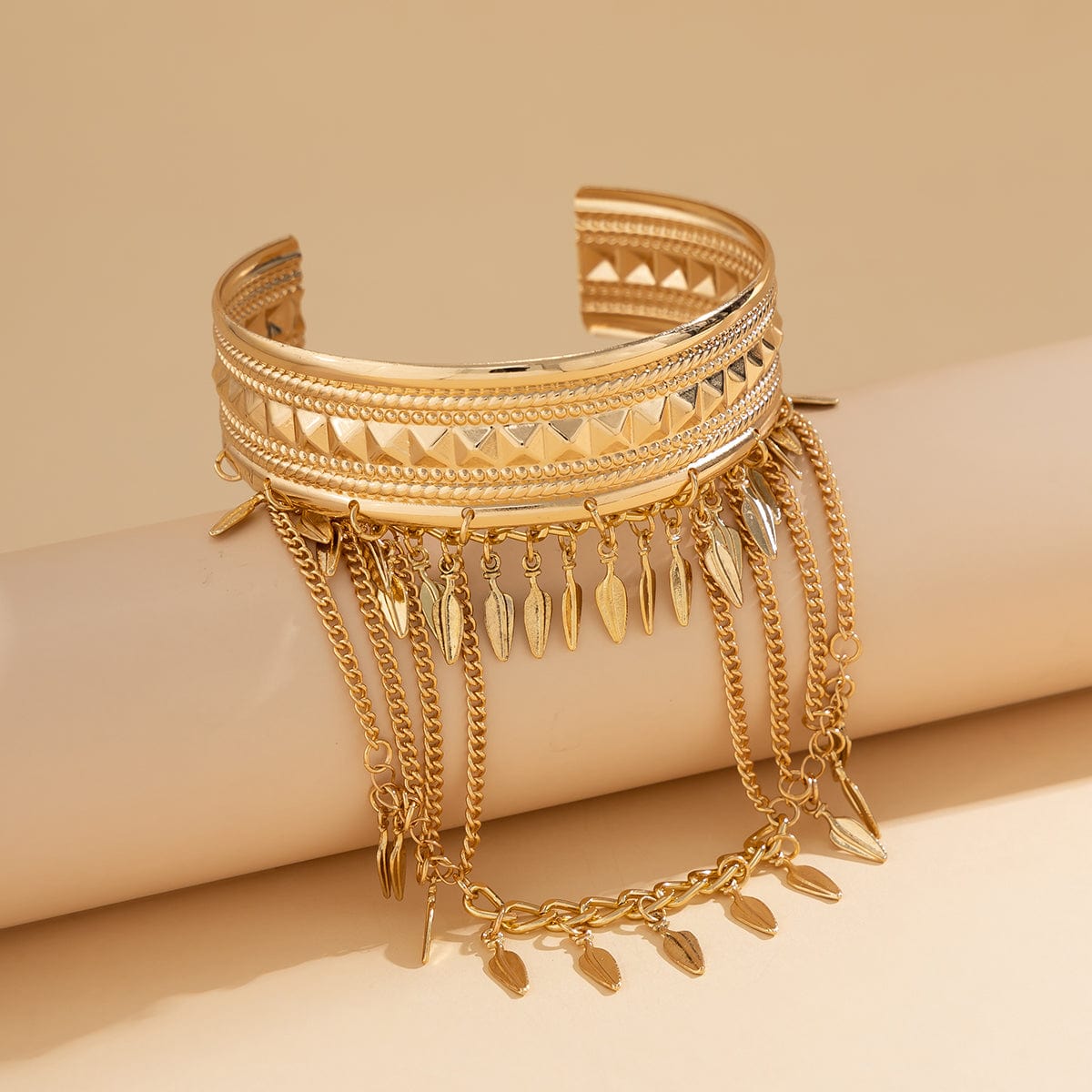 Boho Chunky Layered Leaf Tassel Embossed Pattern Arm Cuff - ArtGalleryZen