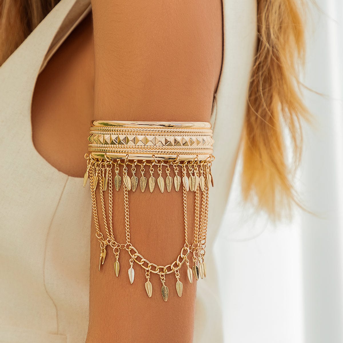 Boho Chunky Layered Leaf Tassel Embossed Pattern Arm Cuff