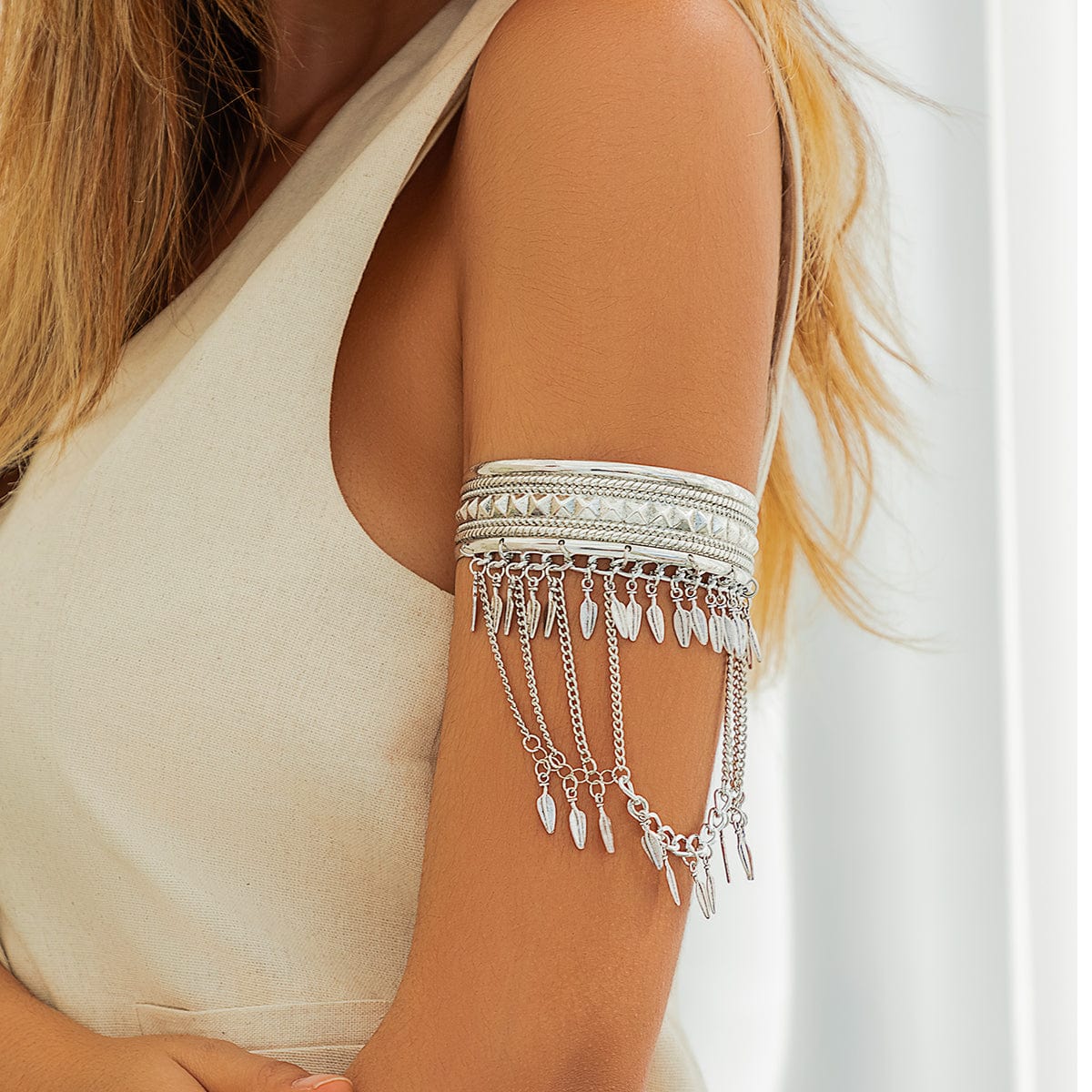 Boho Chunky Layered Leaf Tassel Embossed Pattern Arm Cuff