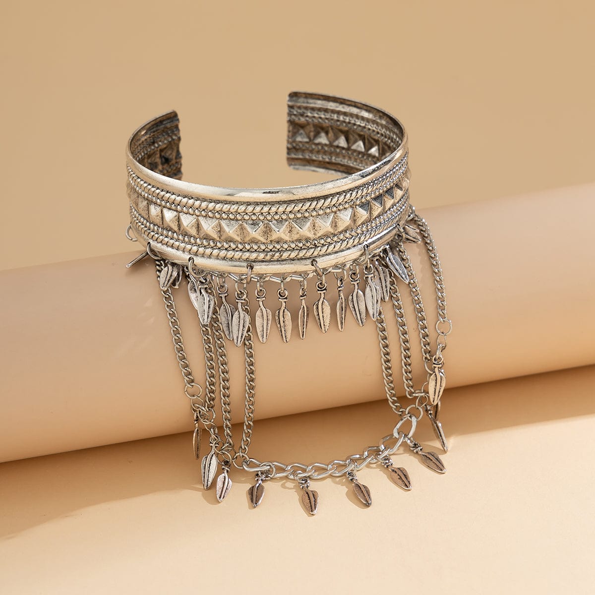 Boho Chunky Layered Leaf Tassel Embossed Pattern Arm Cuff