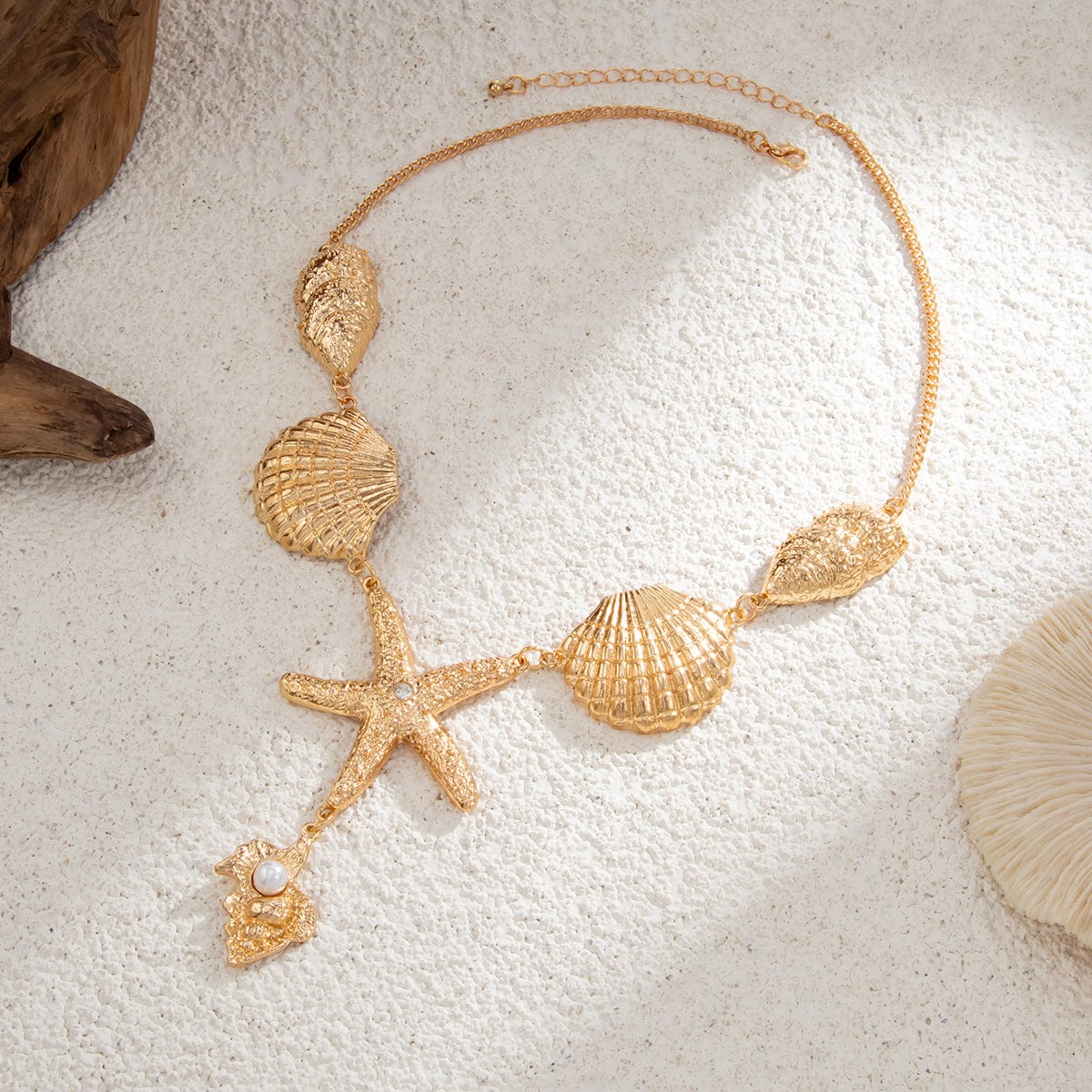 Boho Chunky Pearl Conch Shell Starfish Charm Necklace - ArtGalleryZen