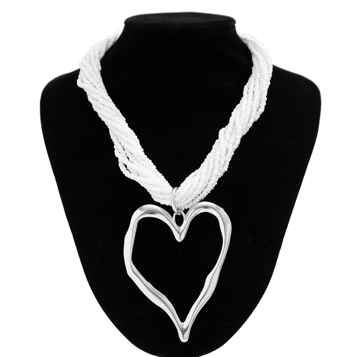 Boho Chunky Silver Plated Heart Pendant Beaded Chain Necklace