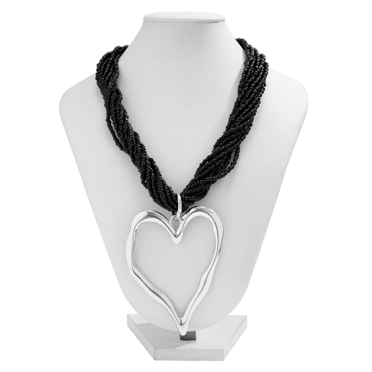 Boho Chunky Silver Plated Heart Pendant Beaded Chain Necklace