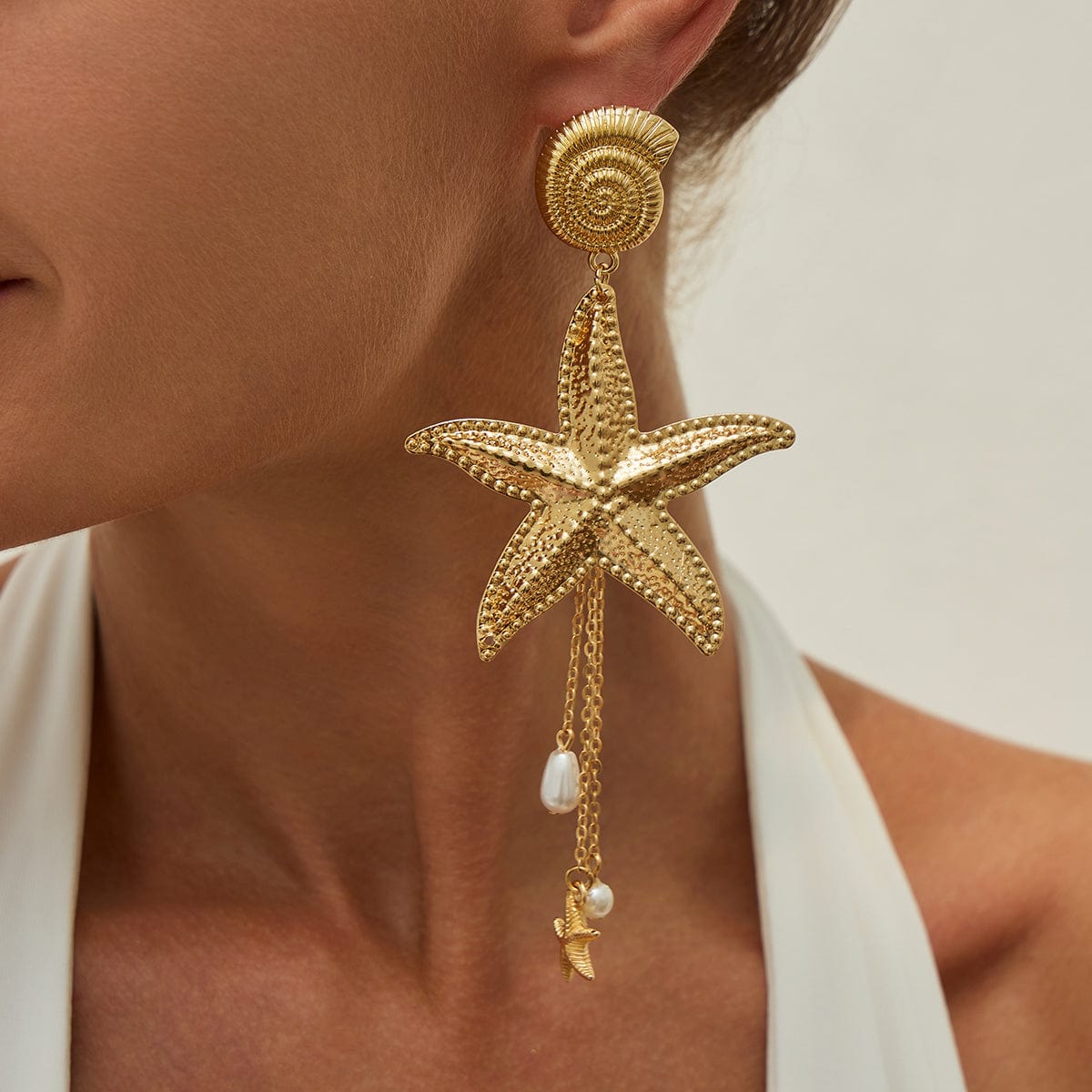Boho Chunky Starfish Pearl Tassel Conch Earrings - ArtGalleryZen