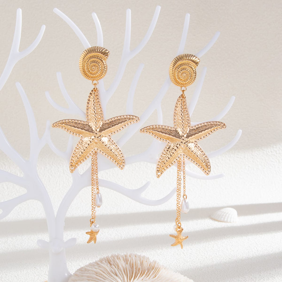 Boho Chunky Starfish Pearl Tassel Conch Earrings - ArtGalleryZen