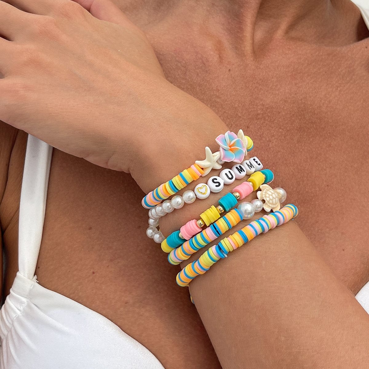 Boho Colorful 5pcs Flower Turtle Pearl Beaded Bracelet Set - ArtGalleryZen