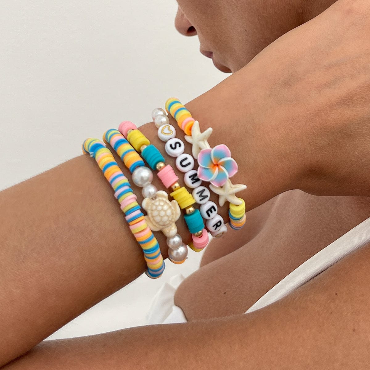 Boho Colorful 5pcs Flower Turtle Pearl Beaded Bracelet Set - ArtGalleryZen