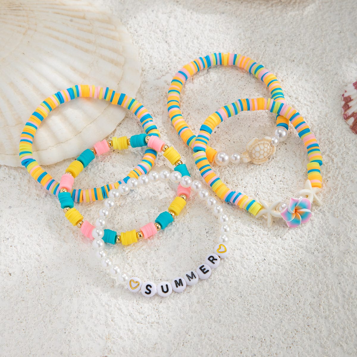 Boho Colorful 5pcs Flower Turtle Pearl Beaded Bracelet Set - ArtGalleryZen