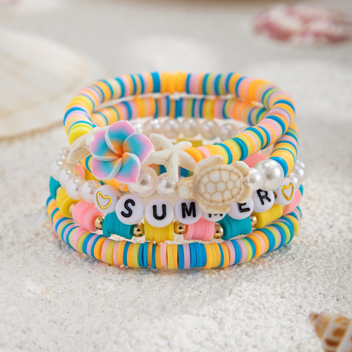 Boho Colorful 5pcs Flower Turtle Pearl Beaded Bracelet Set