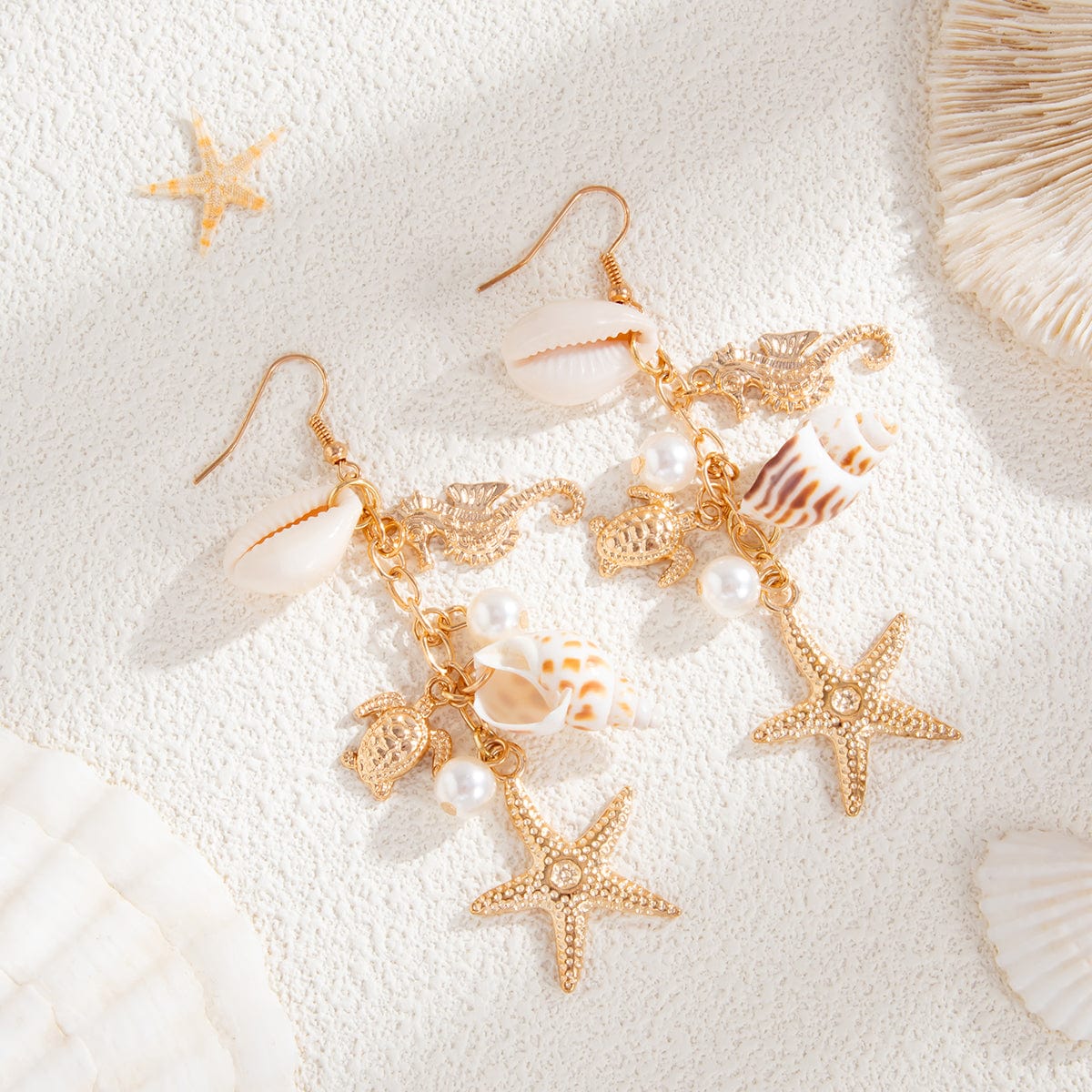 Boho Conch Shell Starfish Pearl Dangle Earrings - ArtGalleryZen