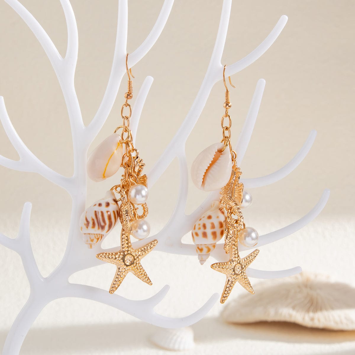 Boho Conch Shell Starfish Pearl Dangle Earrings - ArtGalleryZen