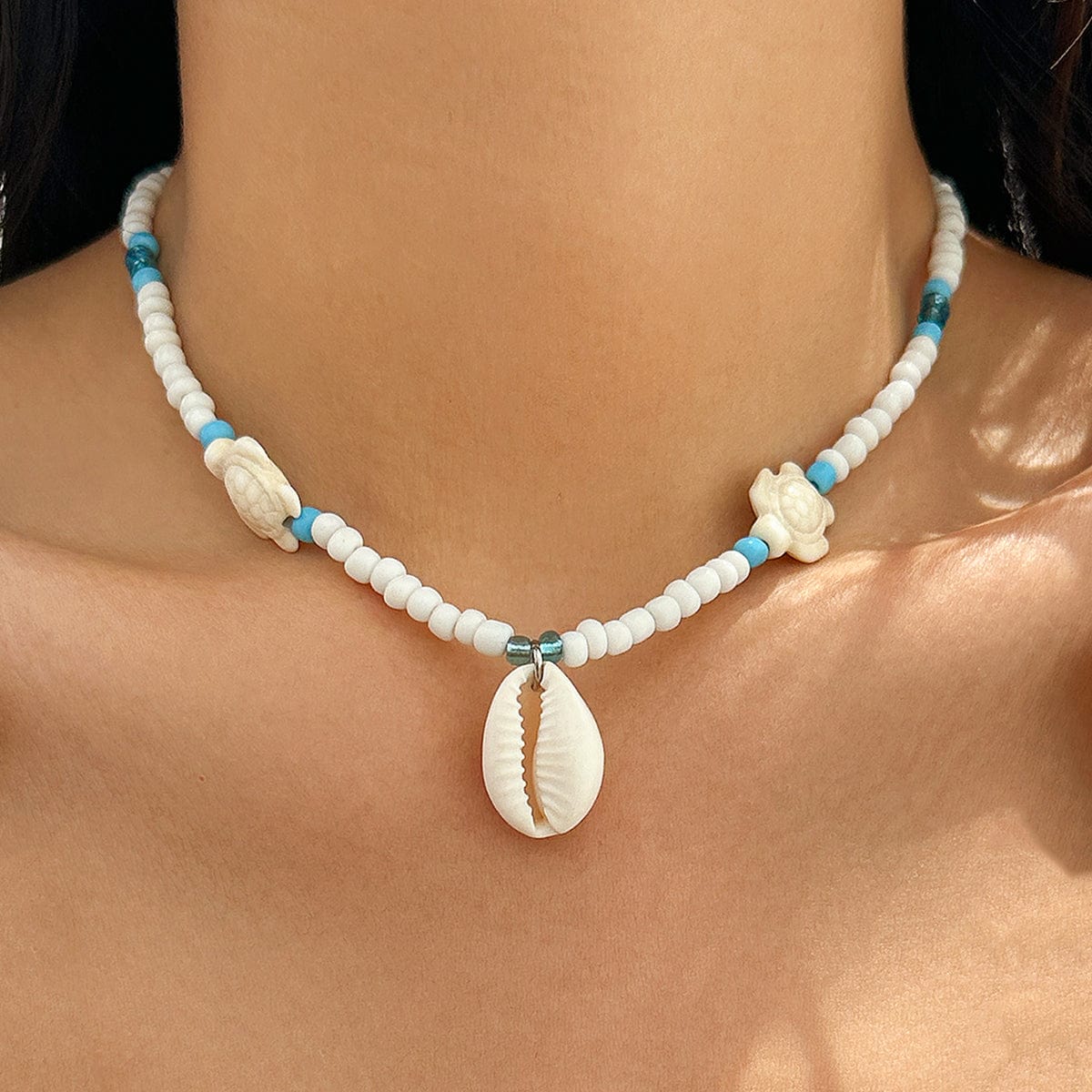 Boho Conch Starfish Turtle Charm Crystal Beaded Necklace - ArtGalleryZen