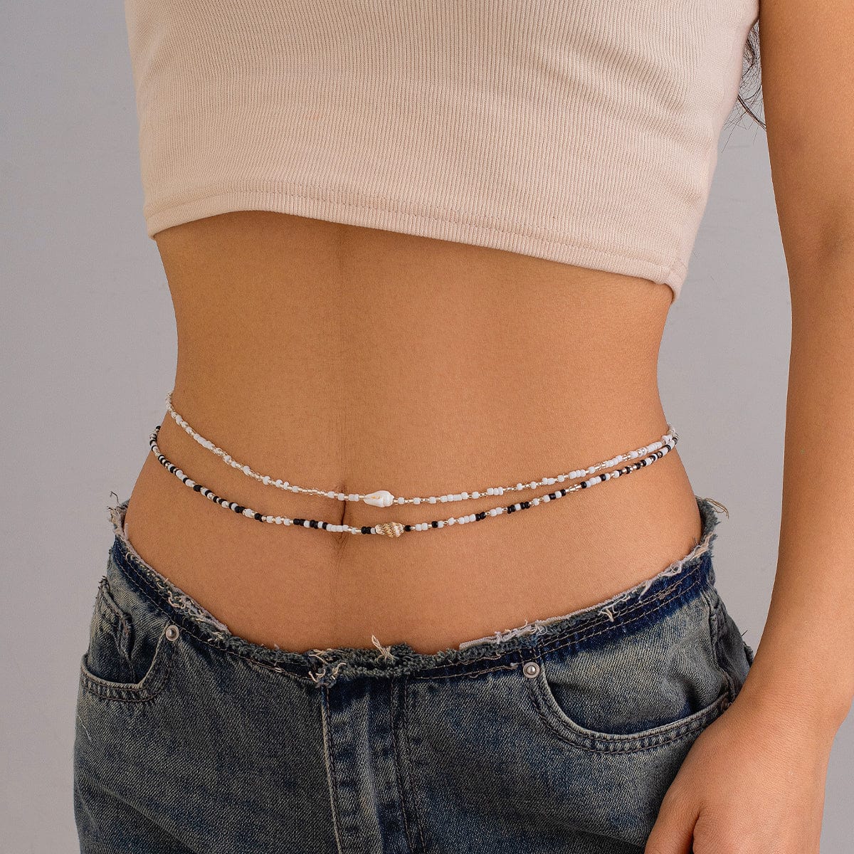 Boho Dainty 2 Pieces Crystal Beaded Conch Waist Chain Set