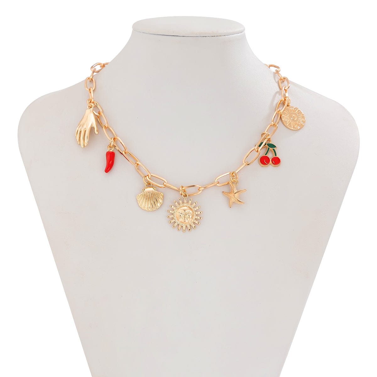 Boho Enamel Cherry Sun Starfish Shell Pendant Necklace - ArtGalleryZen