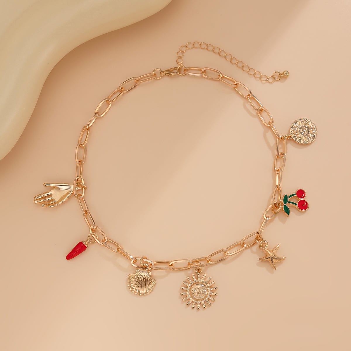 Boho Enamel Cherry Sun Starfish Shell Pendant Necklace - ArtGalleryZen