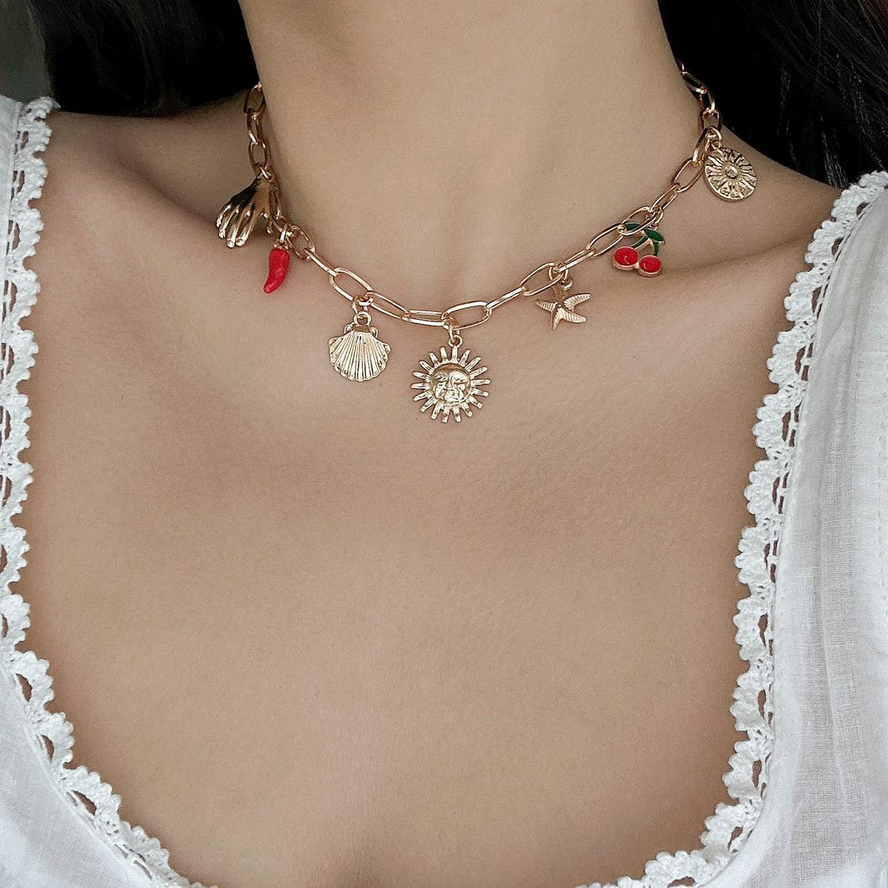 Boho Enamel Cherry Sun Starfish Shell Pendant Necklace - ArtGalleryZen