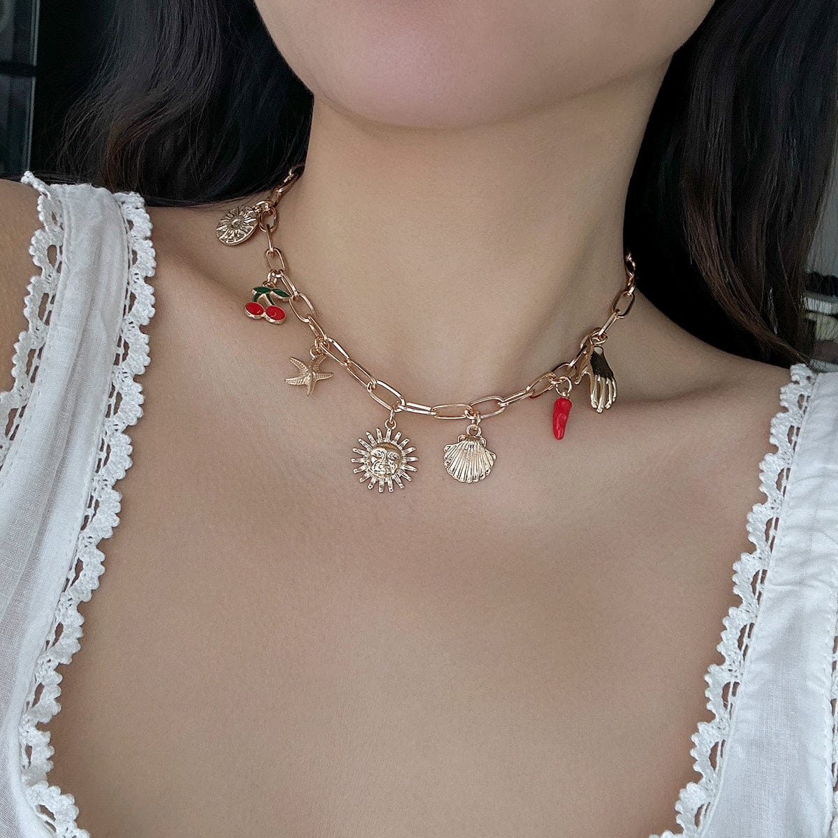 Boho Enamel Cherry Sun Starfish Shell Pendant Necklace - ArtGalleryZen