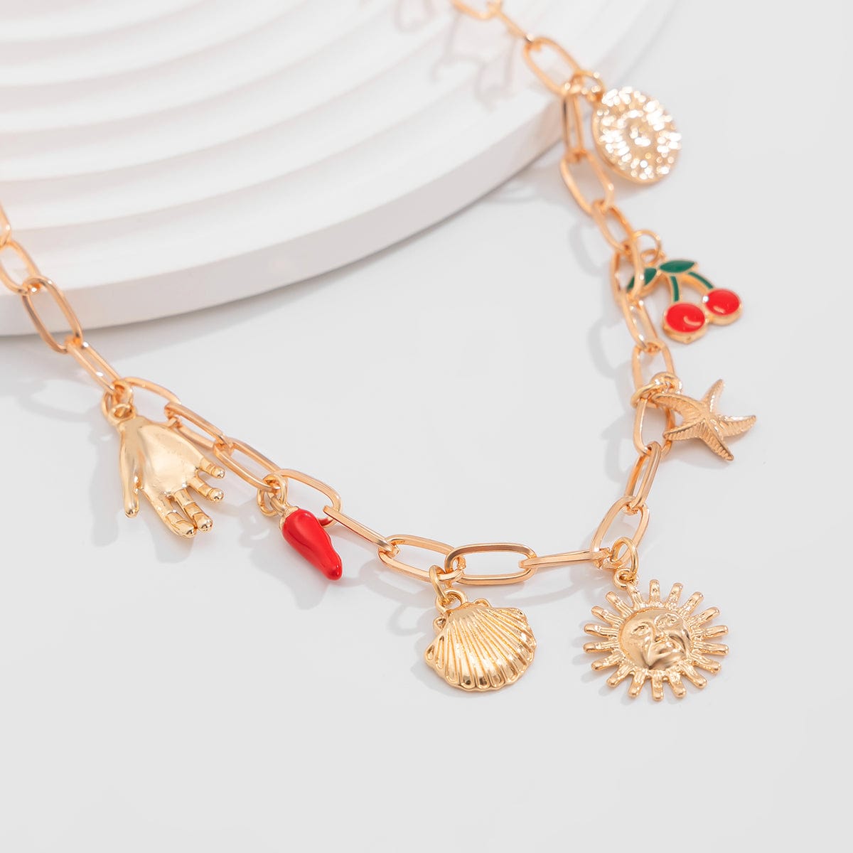 Boho Enamel Cherry Sun Starfish Shell Pendant Necklace - ArtGalleryZen