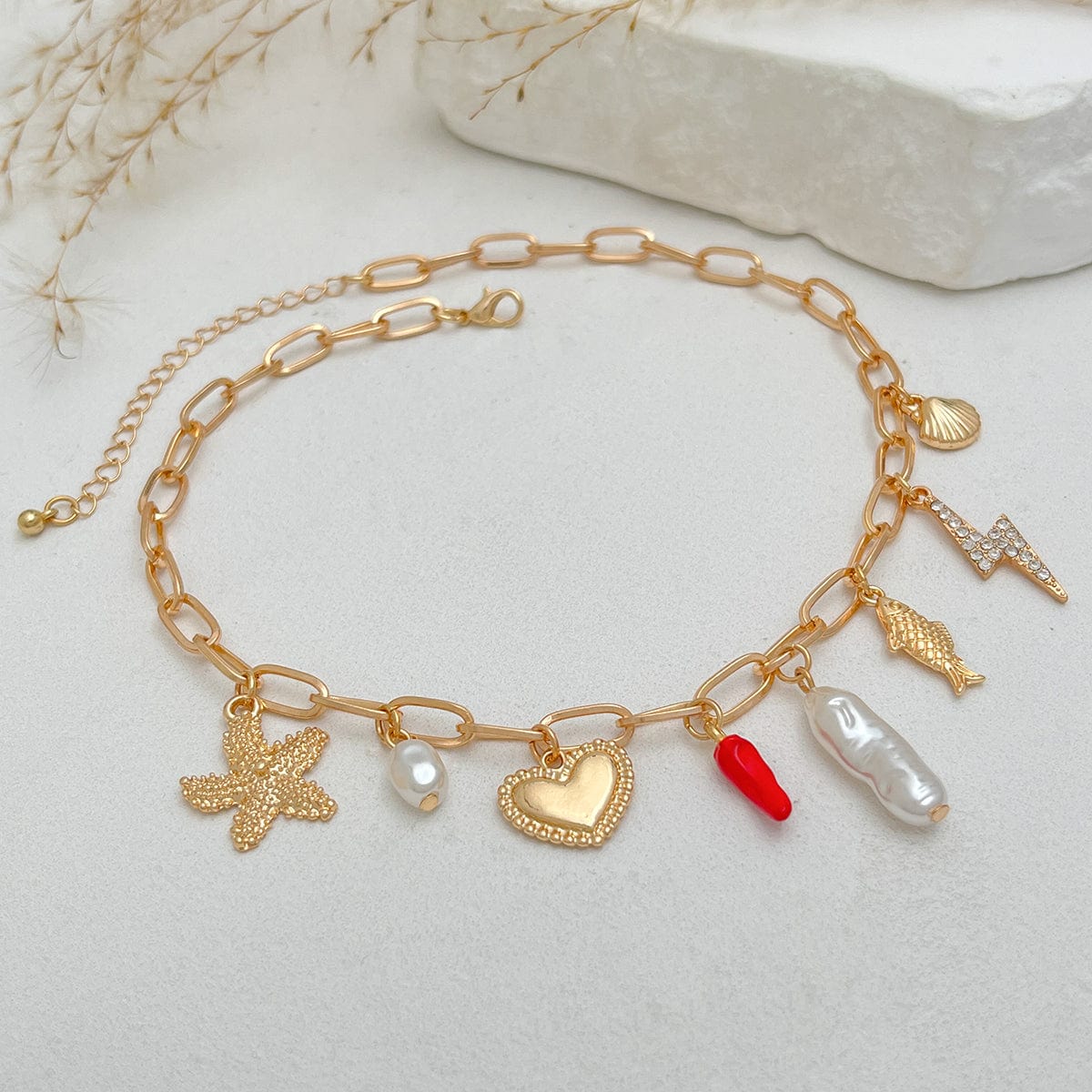 Boho Enamel Chili Heart Irregular Pearl Pendant Necklace - ArtGalleryZen