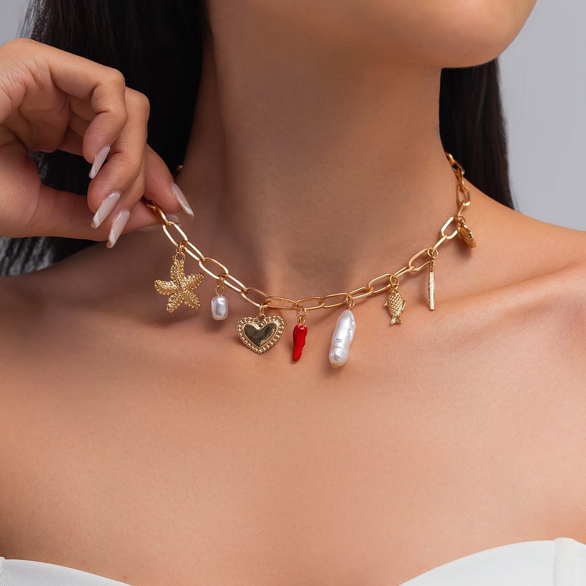 Boho Enamel Chili Heart Irregular Pearl Pendant Necklace - ArtGalleryZen